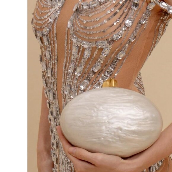 ⚡Women\'s Tan Shell Egg Metallic Evening Shiny Top Closure Trendy Clutch Handbags